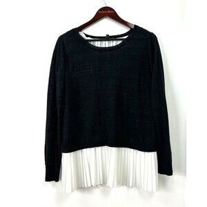 Fever Womens Layered Pleated Sweater Black Ivory Surplice Metallic Knit L 1176T3